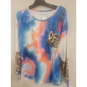 Tie-Dye Long Sleeve Top With Leopard Pocket & Striped Accents Small